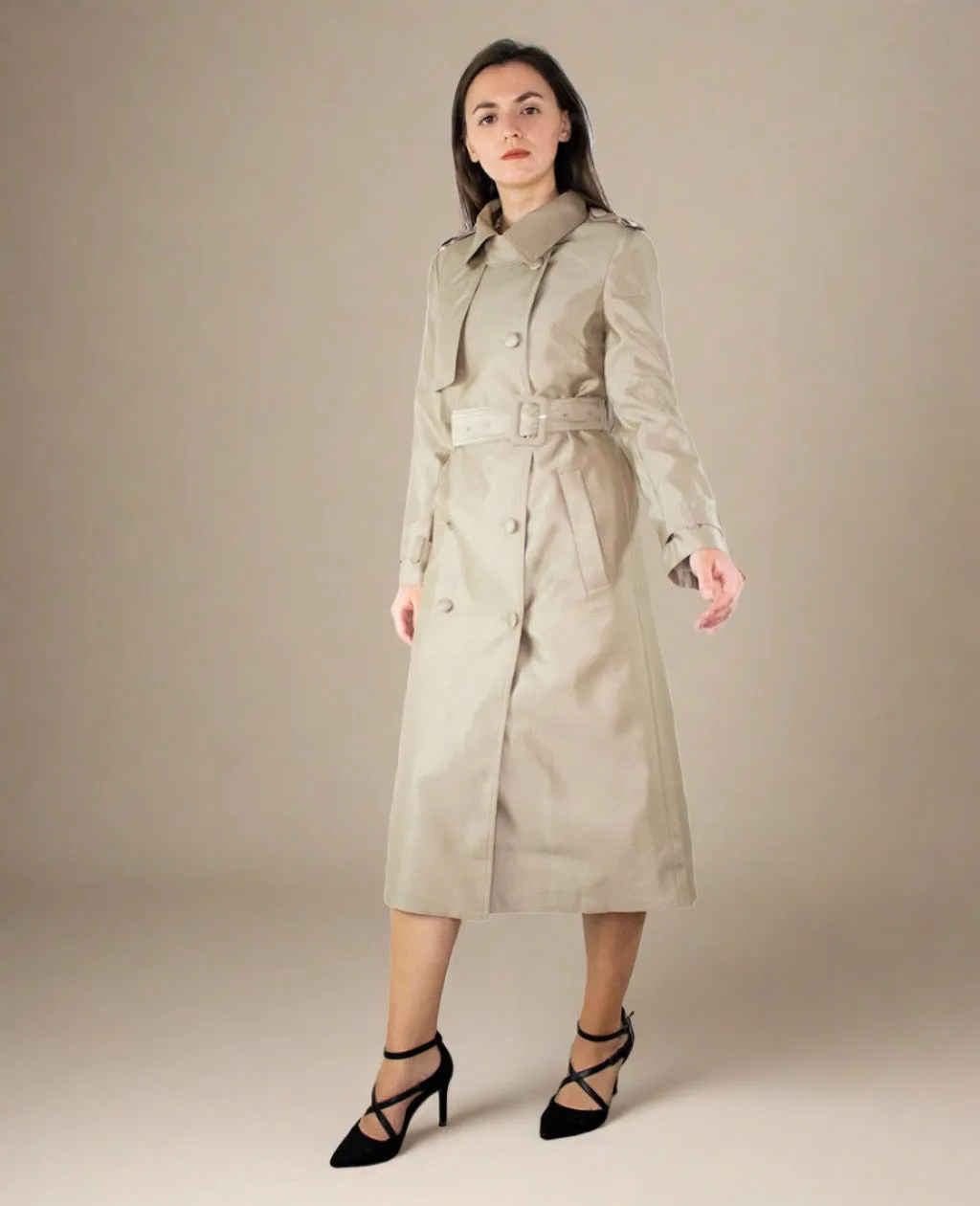 Elora Women Double Breasted Long Trench Coat in Beige