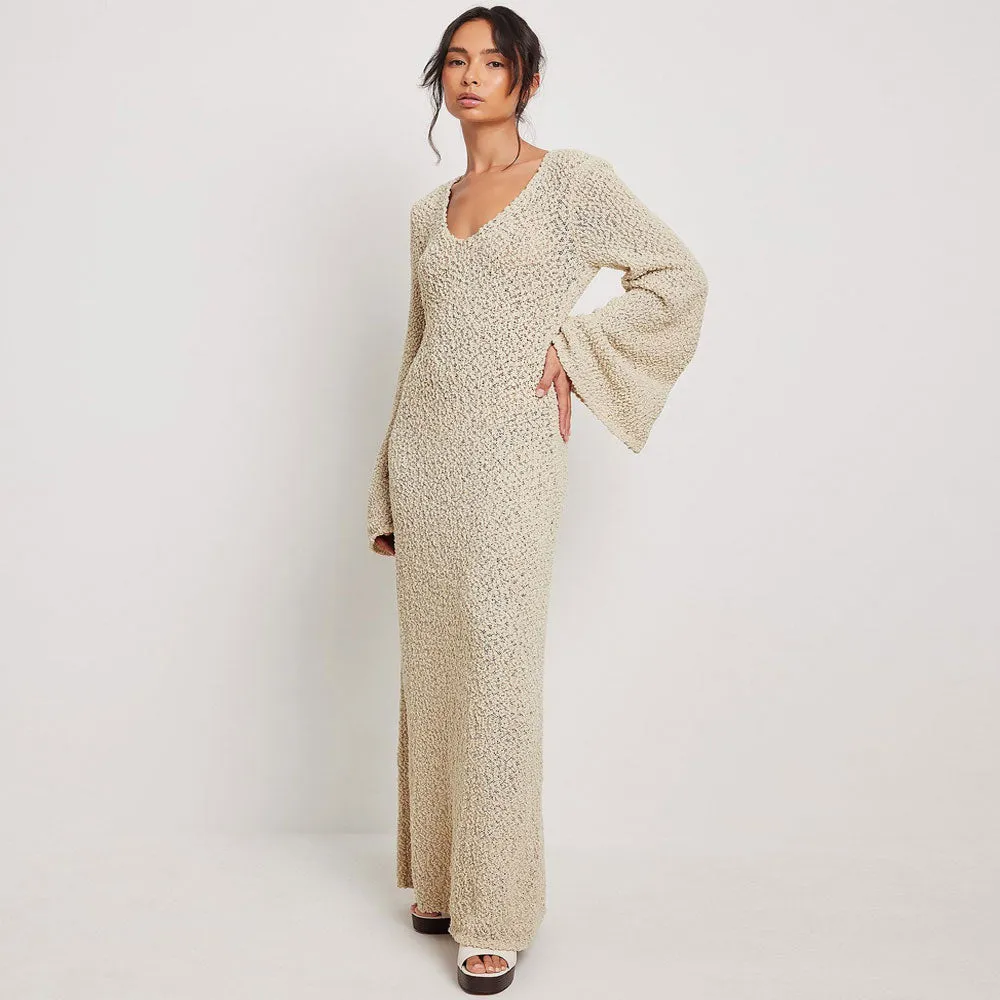 Feminine Scoop Neck Bell Sleeve Beige Boucle Knit Maxi Sweater Dress