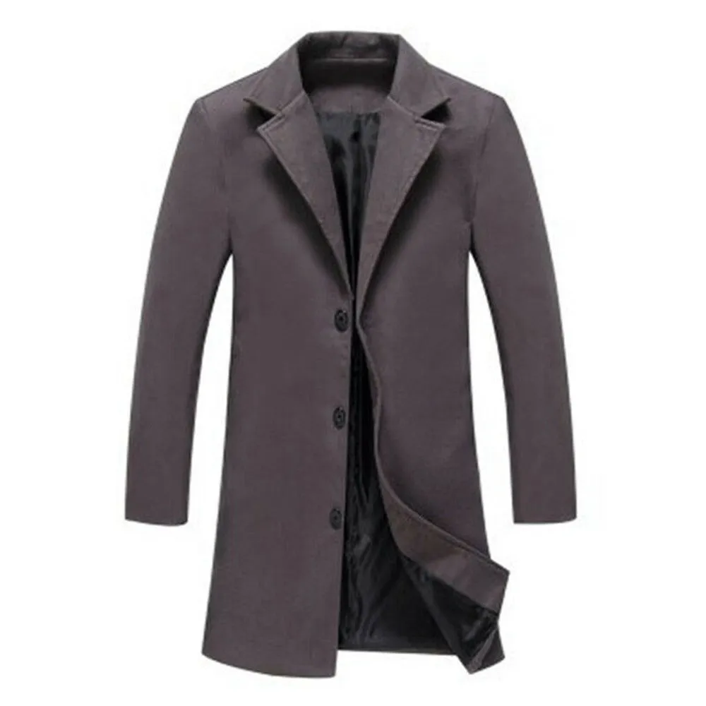 Men Woolen Jacket Solid Color Single-Breasted Lapel Long Coat Business Overcoat | D67