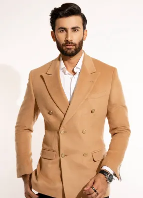 Plain-Camel Brown, Wool Blend Fleece, Double Breasted Blazer